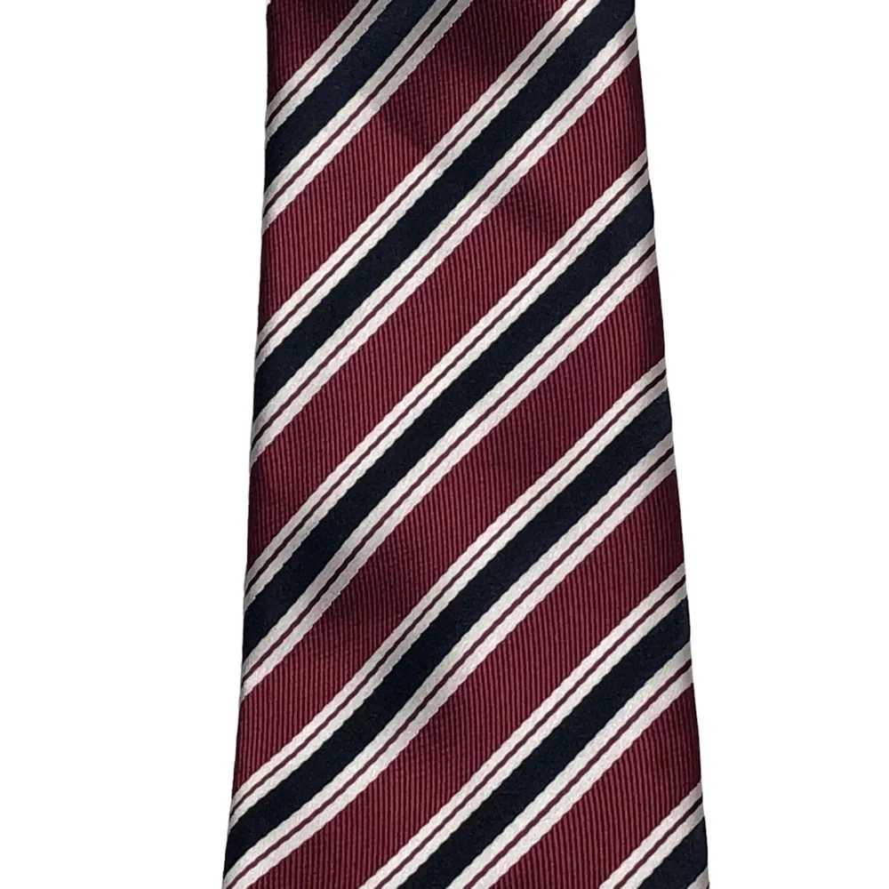 R. Junior Boy’s Maroon Navy and White Striped Microfiber Tie Size 8-10